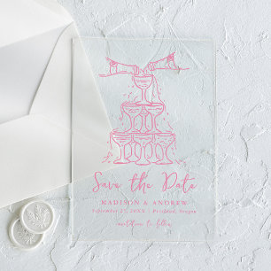 Invitaciones Acrílicas Torre de Champán Rosa Caprichosa Save the Date