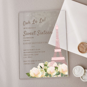 Invitaciones Acrílicas Torre Eiffel Rosa Sonrojado Blanca Floral Dulce 16
