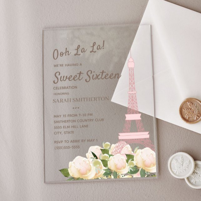 Invitaciones Acrílicas Torre Eiffel Rosa Sonrojado Blanca Floral Dulce 16 (Paris / Eiffel Tower acrylic Sweet 16 birthday party invitation)