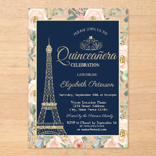 Invitaciones Acrílicas Torre Eiffel,Tiara,Rosas Quinceañera Azul Marino 