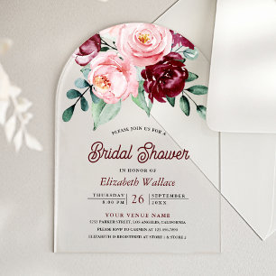 Invitaciones Acrílicas Tórrida Flor de Bridal Shower Rosa de Burdeos
