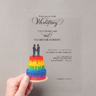 Invitaciones Acrílicas Torta arcoíris y boda gay con letra elegante