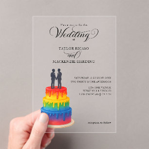 Invitaciones Acrílicas Torta arcoiris y elegante guion boda gay