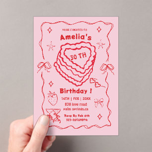 Invitaciones Acrílicas Torta de cumpleaños de corazón rosa y rojo cualqui