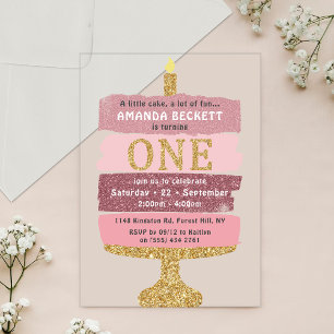 Invitaciones Acrílicas Torta de purpurina rosa y dorada Cumpleaños 1