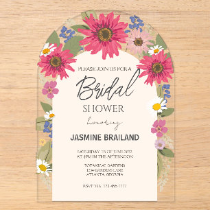 Invitaciones Acrílicas Torta Nupcial Moderna con Arco Floral Brillante