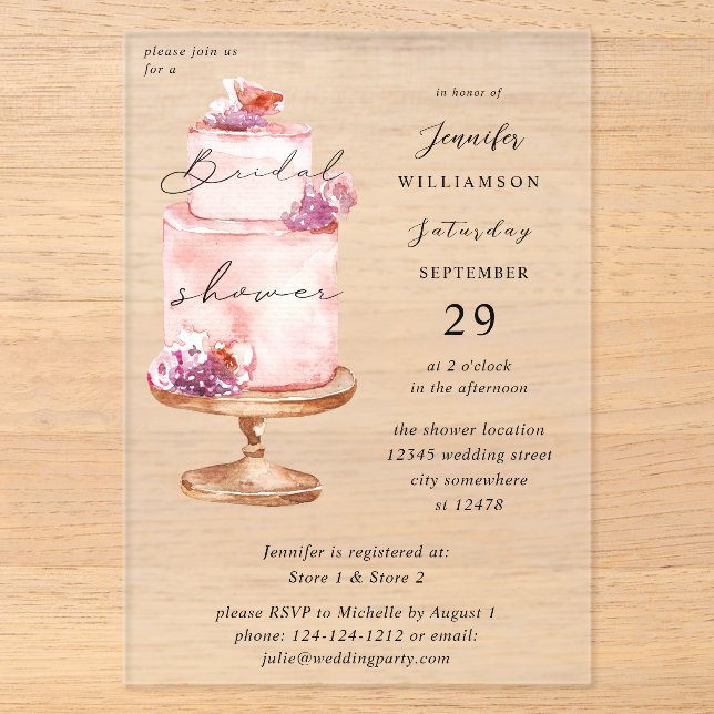 Invitaciones Acrílicas Torta Rosa Despedida de Soltera  (Anverso)