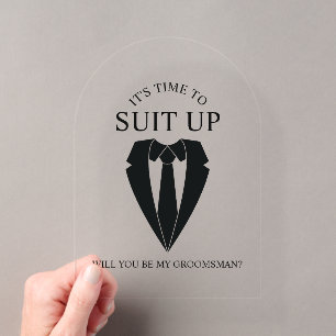 Invitaciones Acrílicas Traje negro de boda y corbata Propuesta de padrino