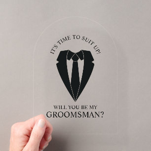 Invitaciones Acrílicas Traje negro de boda y corbata Propuesta de padrino