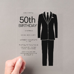 Invitaciones Acrílicas Traje negro sofisticado para hombres cumpleaños 50