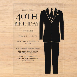 Invitaciones Acrílicas Traje negro y corbata Hombres Cumpleaños 40