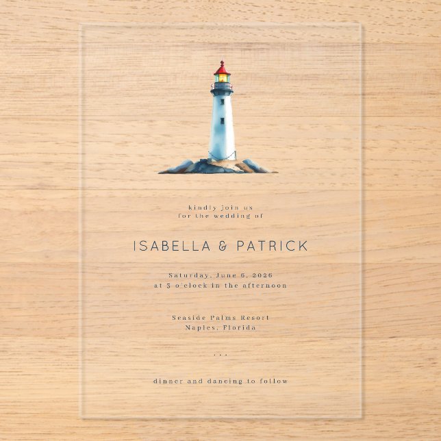 Invitaciones Acrílicas Tranquil Muted Watercolor Lighthouse (Anverso)