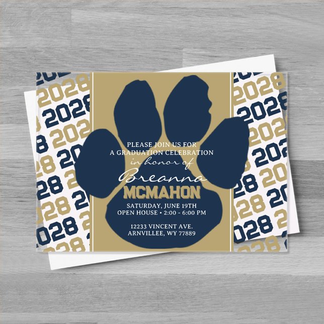 Invitaciones Acrílicas Transparencia de la huella azul y dorada de la Mar (Navy Blue and Bronze Frosted Acrylic Pawprint Graduation Invitation)