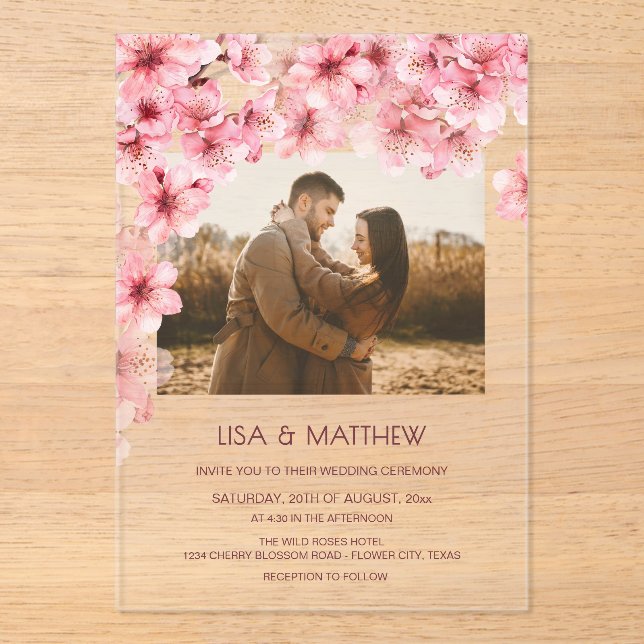 Invitaciones Acrílicas  Transparent Cherry Blossom Photo Wedding (Anverso)