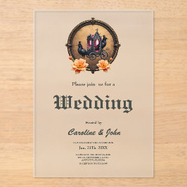 Invitaciones Acrílicas Transporte gótico con Ravens y Rosas.