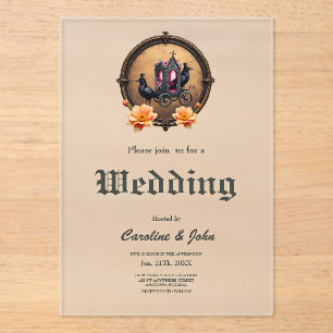Invitaciones Acrílicas Transporte gótico con Ravens y Rosas.