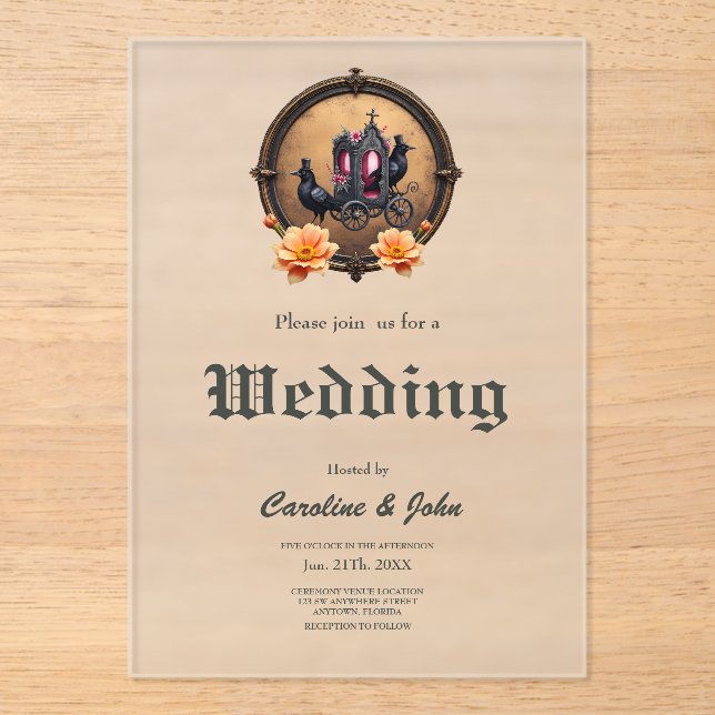 Invitaciones Acrílicas Transporte gótico con Ravens y Rosas. (Anverso)