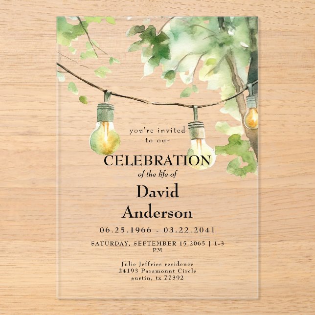 Invitaciones Acrílicas Tree & Lights Celebration of Life  (Anverso)