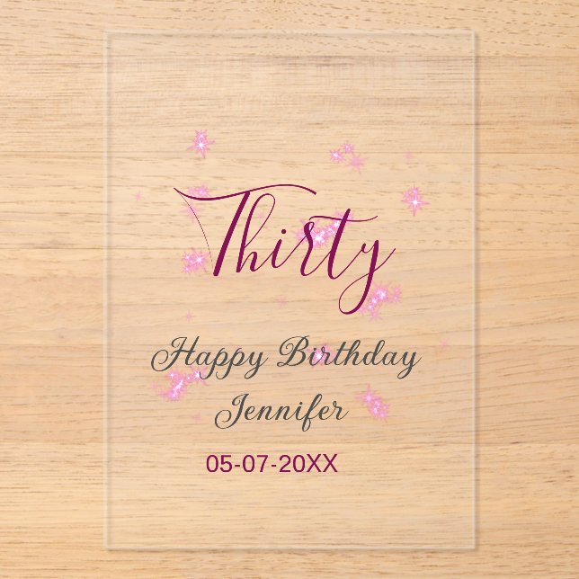 Invitaciones Acrílicas Treinta años purpurina rosa estrellas negro 30 fec (Anverso)