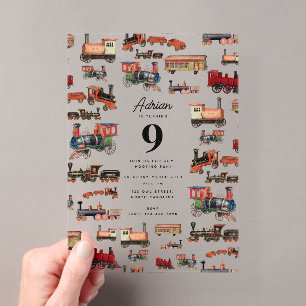 Invitaciones Acrílicas Tren de Juguete Antiguo Colores Vivos Fiesta de Cu