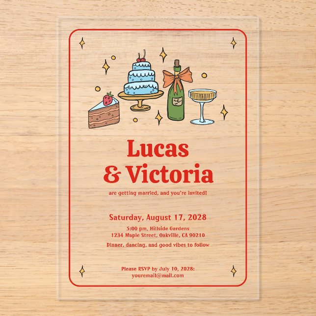 Invitaciones Acrílicas Trendy Hand Drawn Bold Red Whimsical Wedding (Anverso)