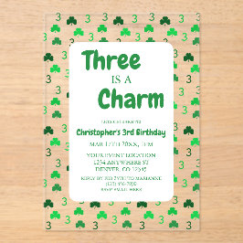 Invitaciones Acrílicas Tres es un encanto Cumpleaños 3 St Patrick's Day