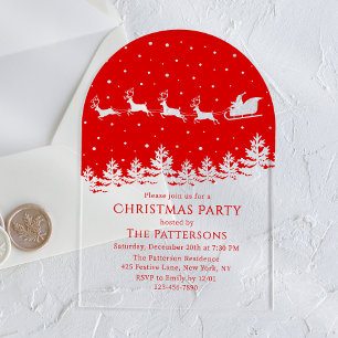 Invitaciones Acrílicas Trineo de Santa Reno Rojo Fiesta de Navidad Nevada