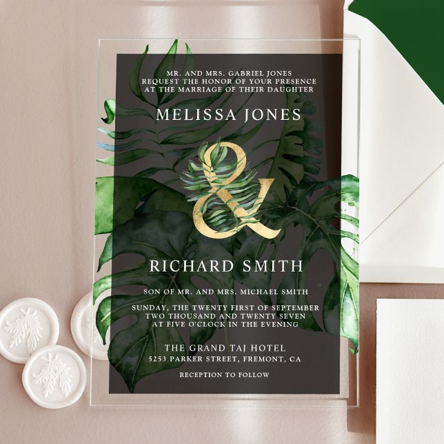 Invitaciones Acrílicas Tropical Gold Monstera Palm Black Wedding  (Subido por el creador)