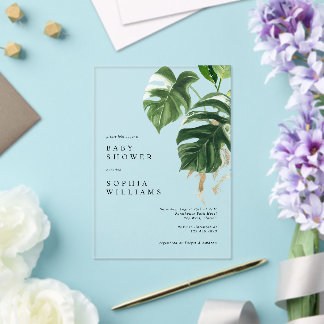 Invitaciones Acrílicas Tropical Greenery Leaves Modern Baby Shower