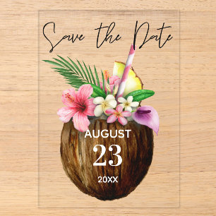 Invitaciones Acrílicas Tropical hawaiano floral y coco guardar la fecha