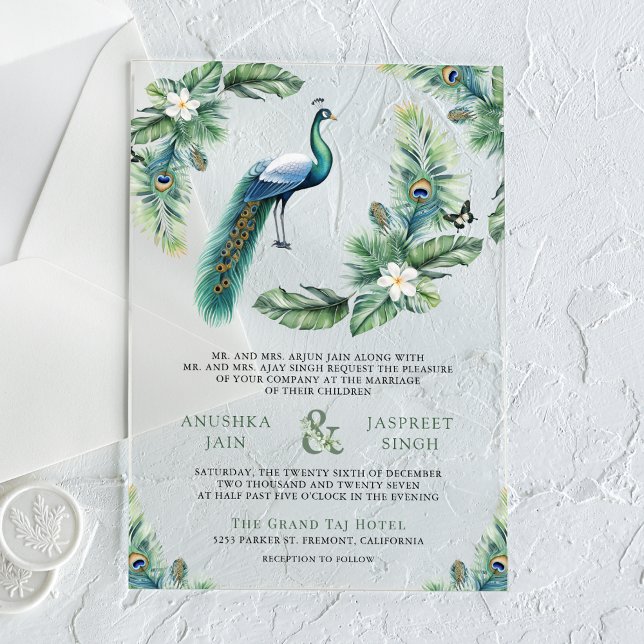 Invitaciones Acrílicas Tropical Indian Peacock Floral Wedding (Subido por el creador)
