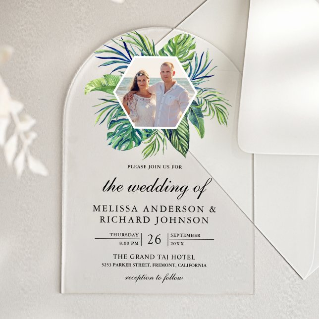 Invitaciones Acrílicas Tropical Monstera Palm Leaves Photo Wedding (Subido por el creador)