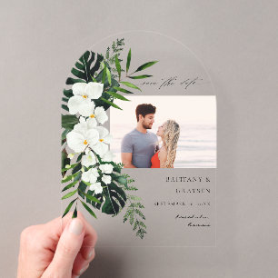 Invitaciones Acrílicas Tropical Palm & Floral Blanca Foto de Ahorro de Fe
