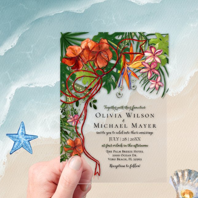 Invitaciones Acrílicas Tropical Wedding I Floral & Red Bow Acrylic (Tropical Wedding I Floral & Red Bow Acrylic Invitations)