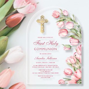Invitaciones Acrílicas Tulipanes Acuarela Arco Primera Comunión
