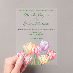 Invitaciones Acrílicas Tulipanes Acuarela Coloridos Boda de Primavera