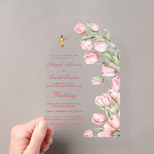 Invitaciones Acrílicas Tulipanes al aguarela arco religioso boda