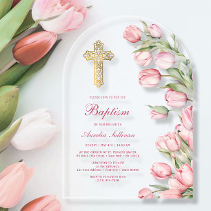 Invitaciones Acrílicas Tulipanes Arco de Bautizo Acuarela