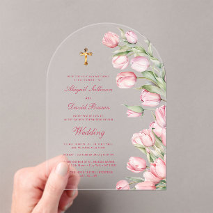 Invitaciones Acrílicas Tulipanes de Acuarela Arco Religioso Boda