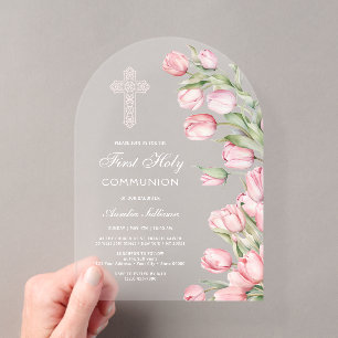 Invitaciones Acrílicas Tulipanes en Acuarela Elegantes Arco Primera Comun