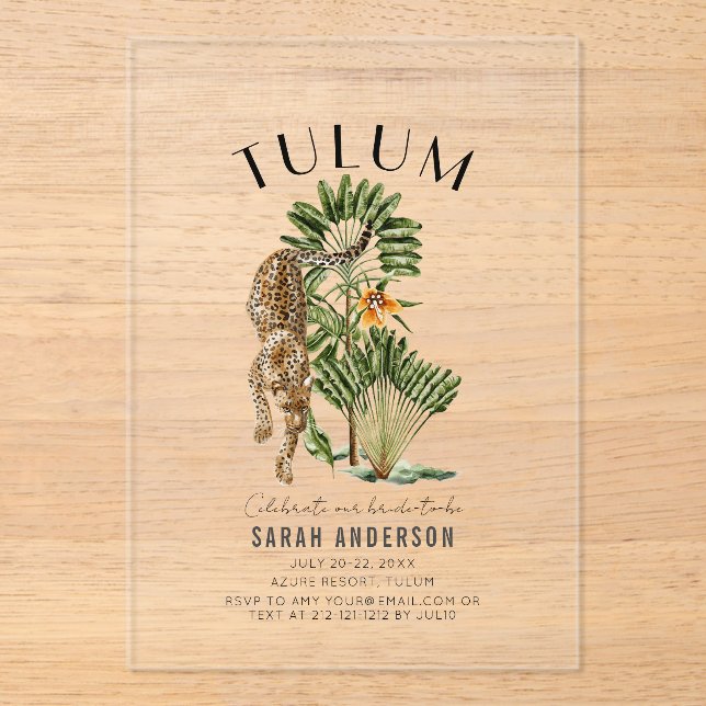 Invitaciones Acrílicas Tulum Leopard Bachelorette Weekend (Anverso)