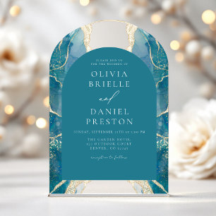 Invitaciones Acrílicas Turquesa Azul Teal Oro Agata Boda Elegante