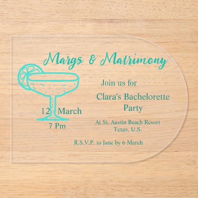 Invitaciones Acrílicas Turquesa Margs & Matrimony Tequila soltera de vidr (Anverso)