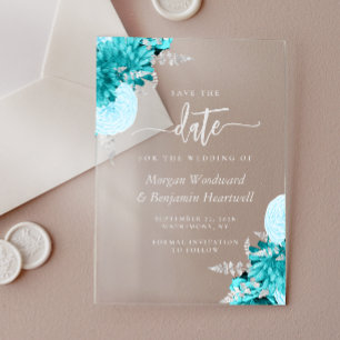 Invitaciones Acrílicas Turquesa Plata Floral Boda Guardar la Fecha