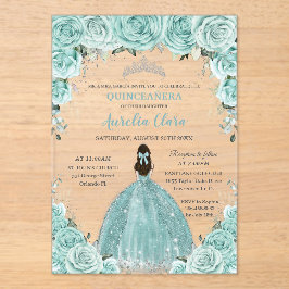 Invitaciones Acrílicas Turquesa Verde Floral Princesa Plata Quinceañera