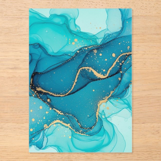 Invitaciones Acrílicas Turquoise and Teal Alcohol Ink Abstract with Gold  (Anverso)