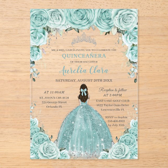 Invitaciones Acrílicas Turquoise Green Floral Princess Silver Quinceañera (Anverso)