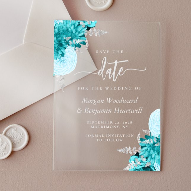Invitaciones Acrílicas Turquoise Silver Floral Wedding Save the Date (Subido por el creador)