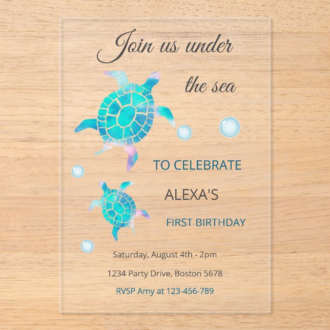 Invitaciones Acrílicas Turtle Under The Sea Watercolor  1st Birthday  (Anverso)