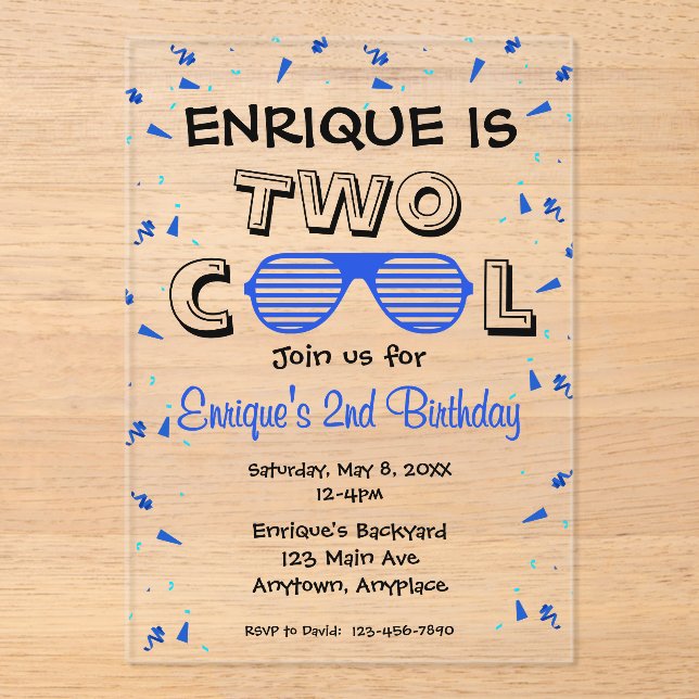 Invitaciones Acrílicas TWO Cool Sunglass 2nd Birthday Party (Anverso)